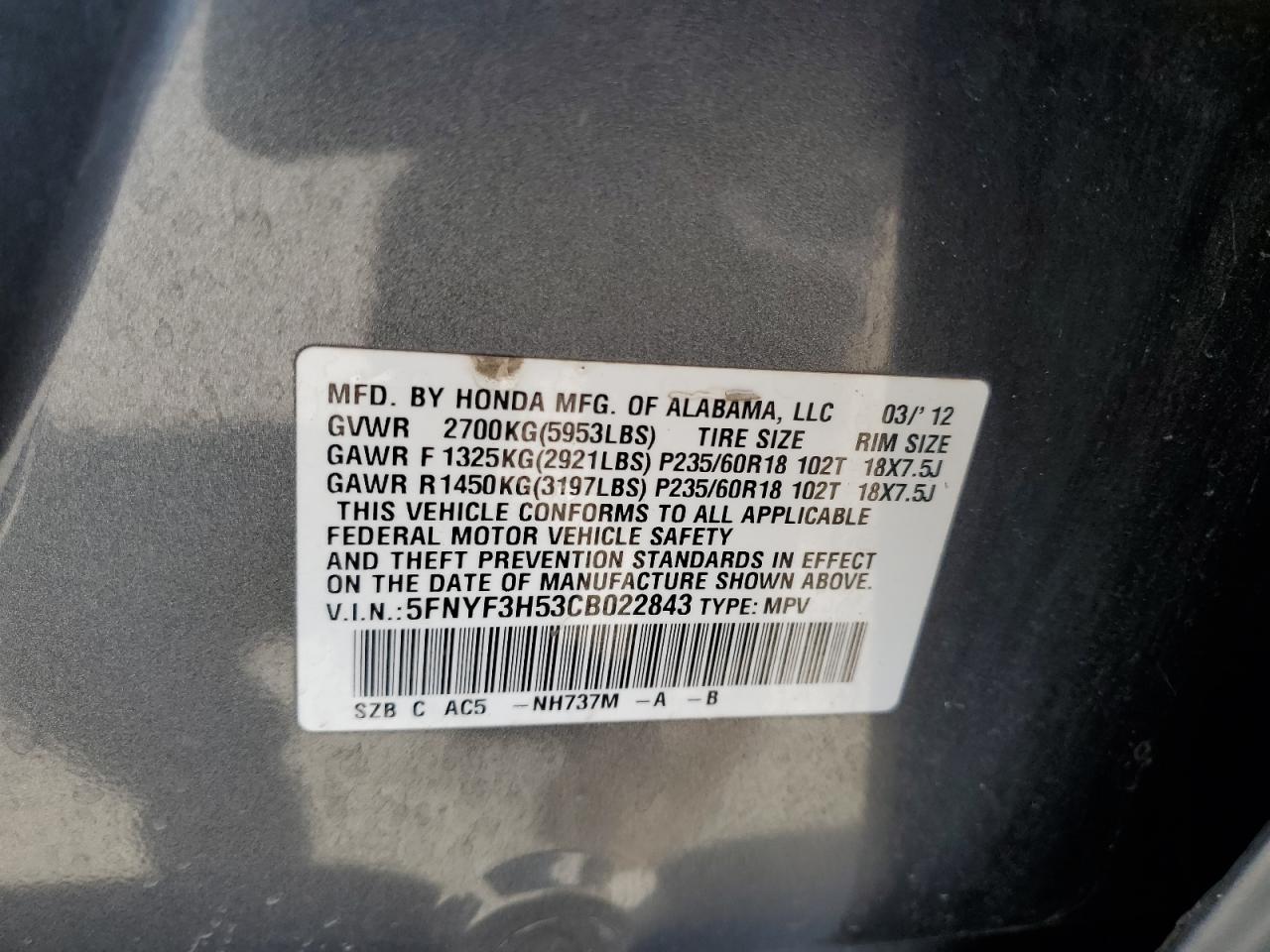 2012 Honda Pilot Exl VIN: 5FNYF3H53CB022843 Lot: 61831764