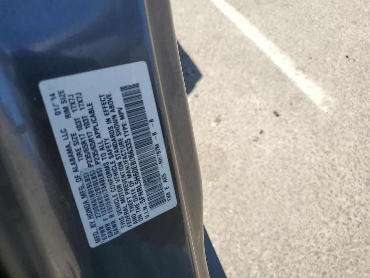 5FNRL5H60EB066335 2014 Honda Odyssey Exl
