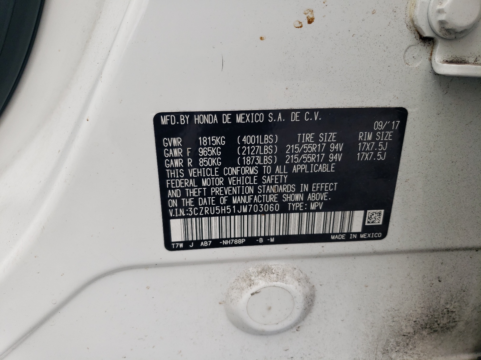 3CZRU5H51JM703060 2018 Honda Hr-V Ex