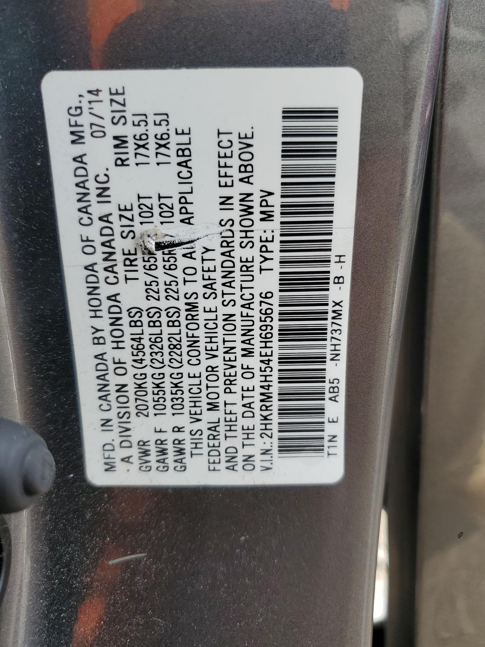 2HKRM4H54EH695676 2014 Honda Cr-V Ex
