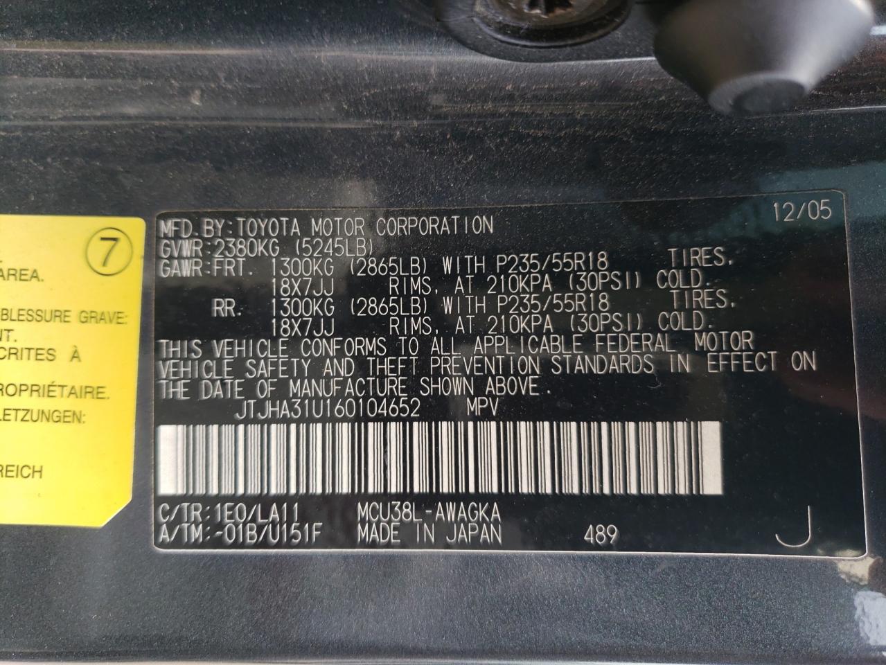 2006 Lexus Rx 330 VIN: JTJHA31U160104652 Lot: 65142134