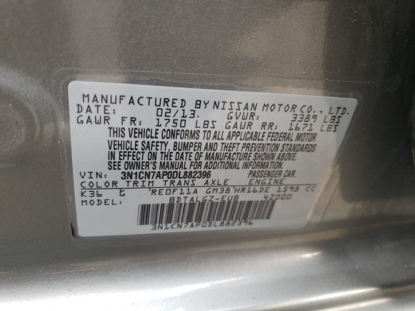 3N1CN7AP0DL882396 2013 Nissan Versa S