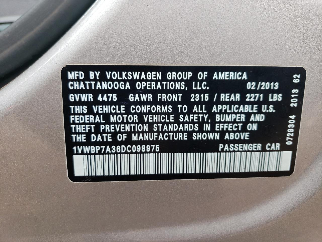 2013 Volkswagen Passat Se VIN: 1VWBP7A36DC098975 Lot: 64625144