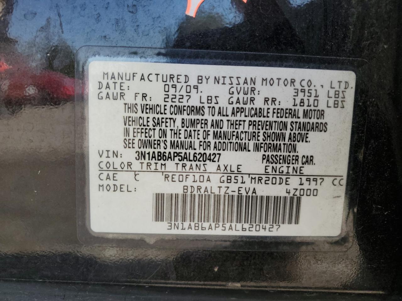 2010 Nissan Sentra 2.0 VIN: 3N1AB6AP5AL620427 Lot: 62186754