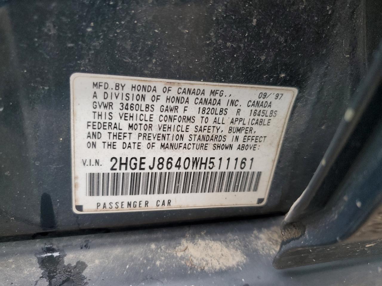 1998 Honda Civic Ex VIN: 2HGEJ8640WH511161 Lot: 63461354