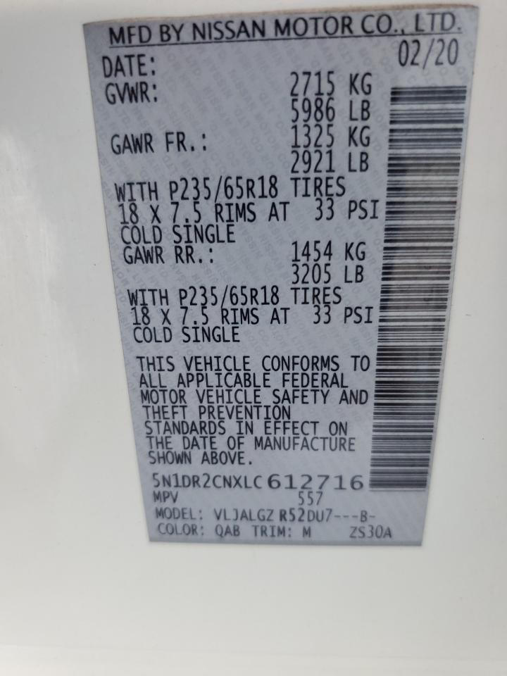 2020 Nissan Pathfinder Sl VIN: 5N1DR2CNXLC612716 Lot: 63926164