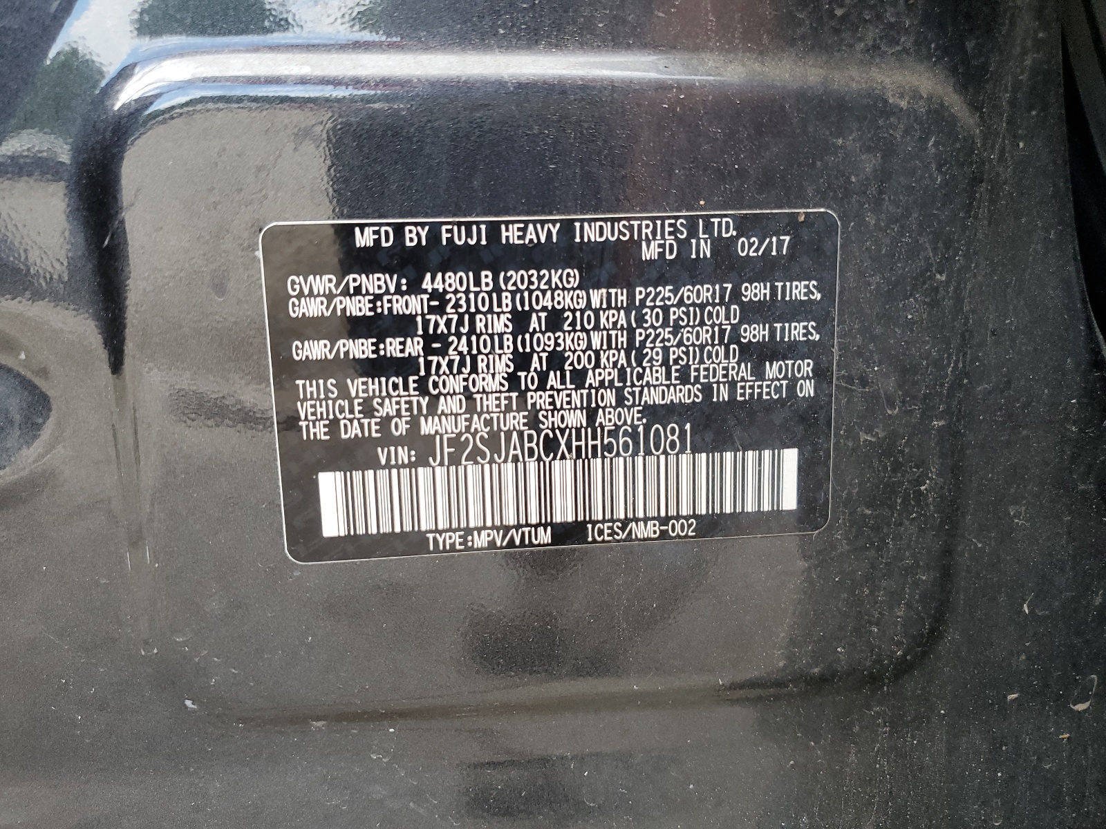 JF2SJABCXHH561081 2017 Subaru Forester 2.5I