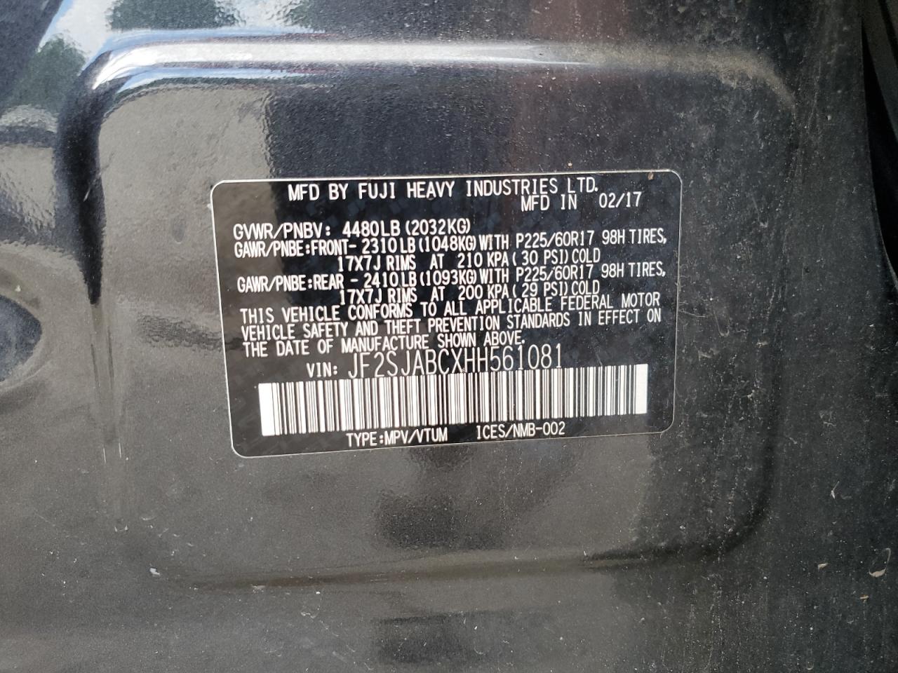 2017 Subaru Forester 2.5I VIN: JF2SJABCXHH561081 Lot: 61699044