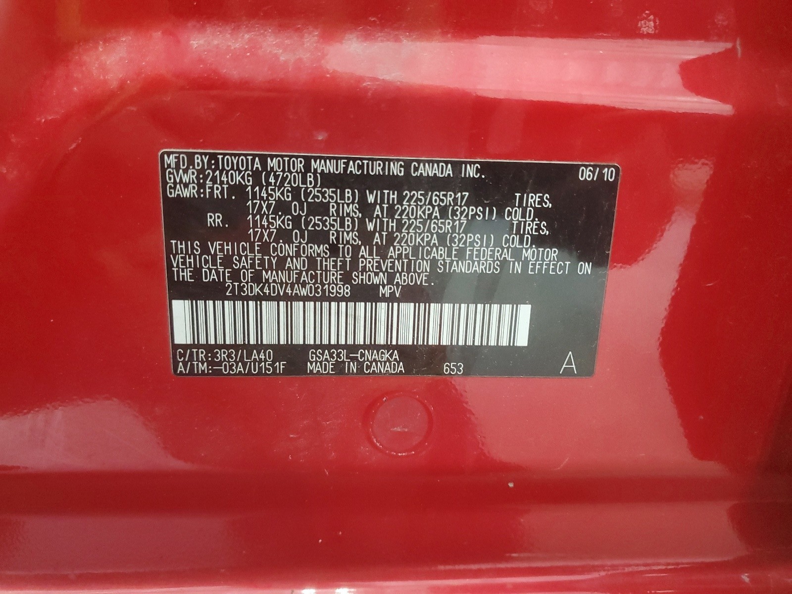 2T3DK4DV4AW031998 2010 Toyota Rav4 Limited