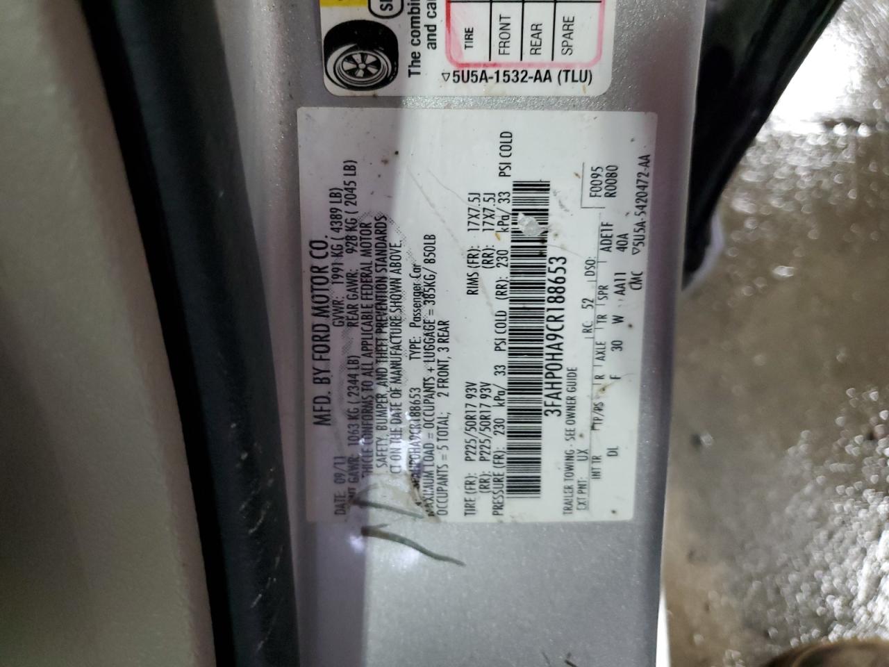 2012 Ford Fusion Se VIN: 3FAHP0HA9CR188653 Lot: 64053804