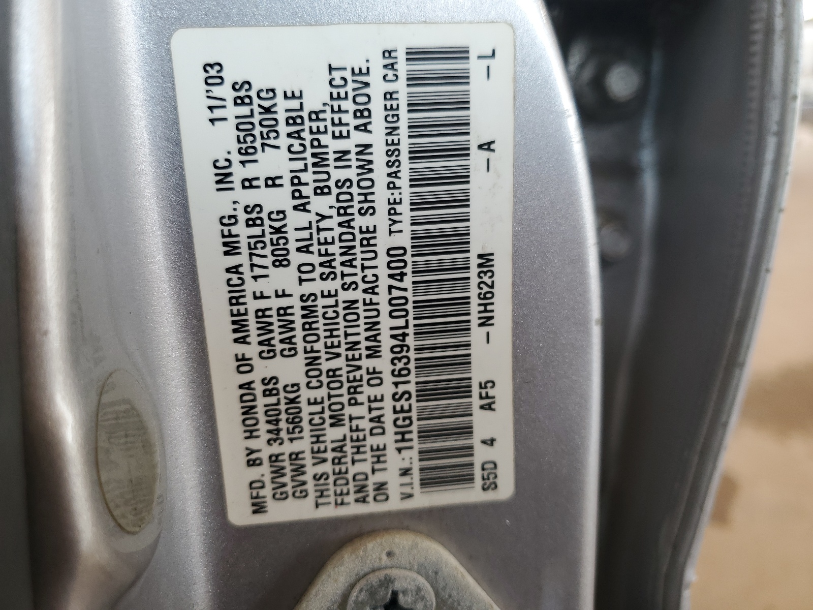 1HGES16394L007400 2004 Honda Civic Dx Vp