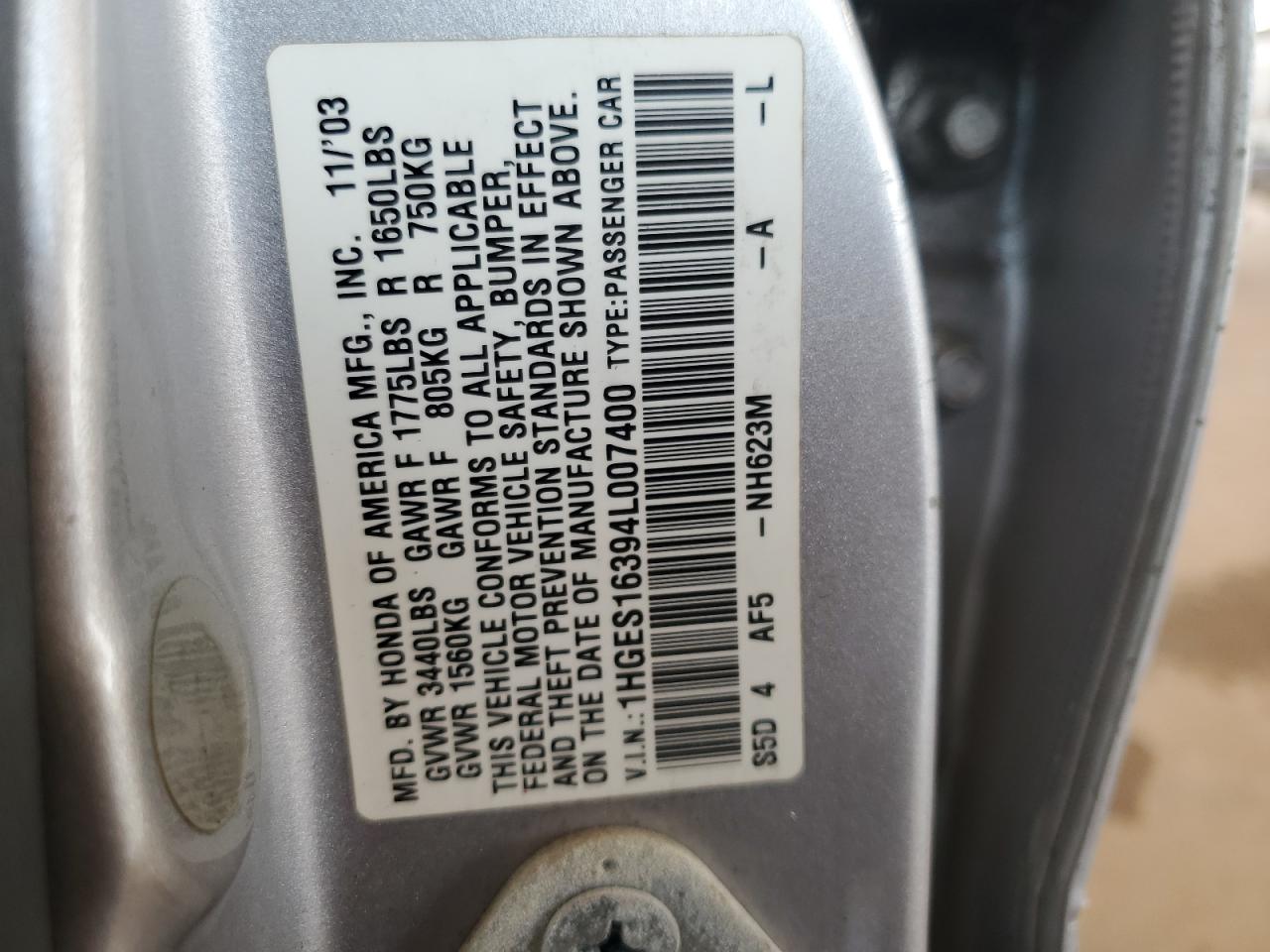 2004 Honda Civic Dx Vp VIN: 1HGES16394L007400 Lot: 63813774