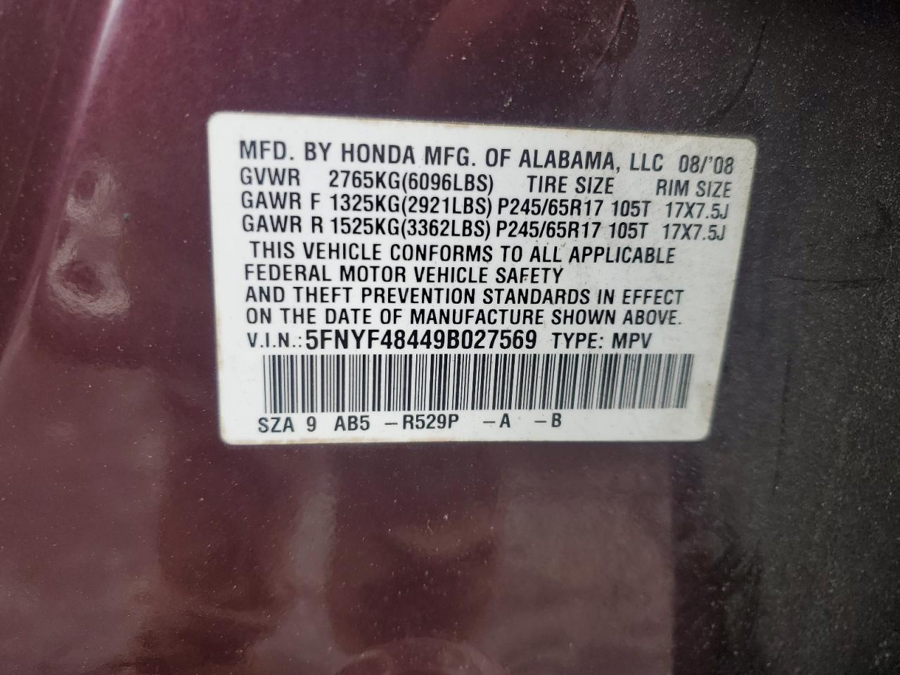 2009 Honda Pilot Ex VIN: 5FNYF48449B027569 Lot: 62416574