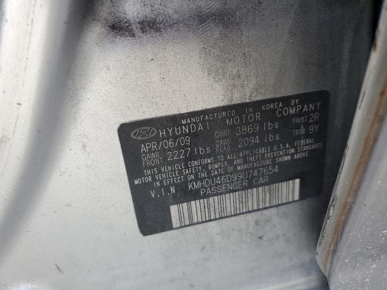 2009 Hyundai Elantra Gls VIN: KMHDU46D99U747654 Lot: 59565784