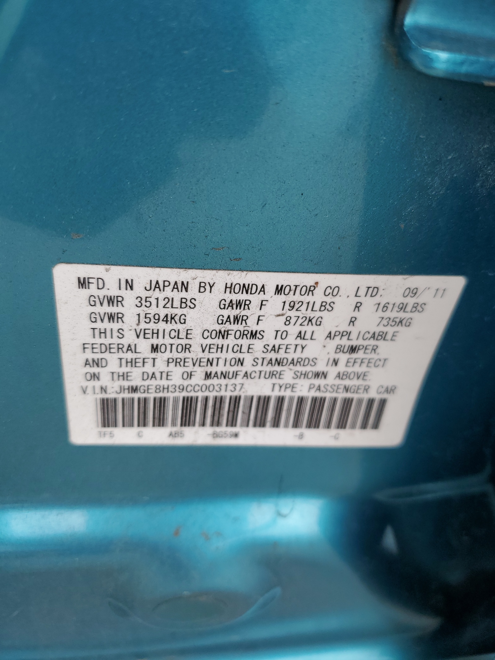 JHMGE8H39CC003137 2012 Honda Fit