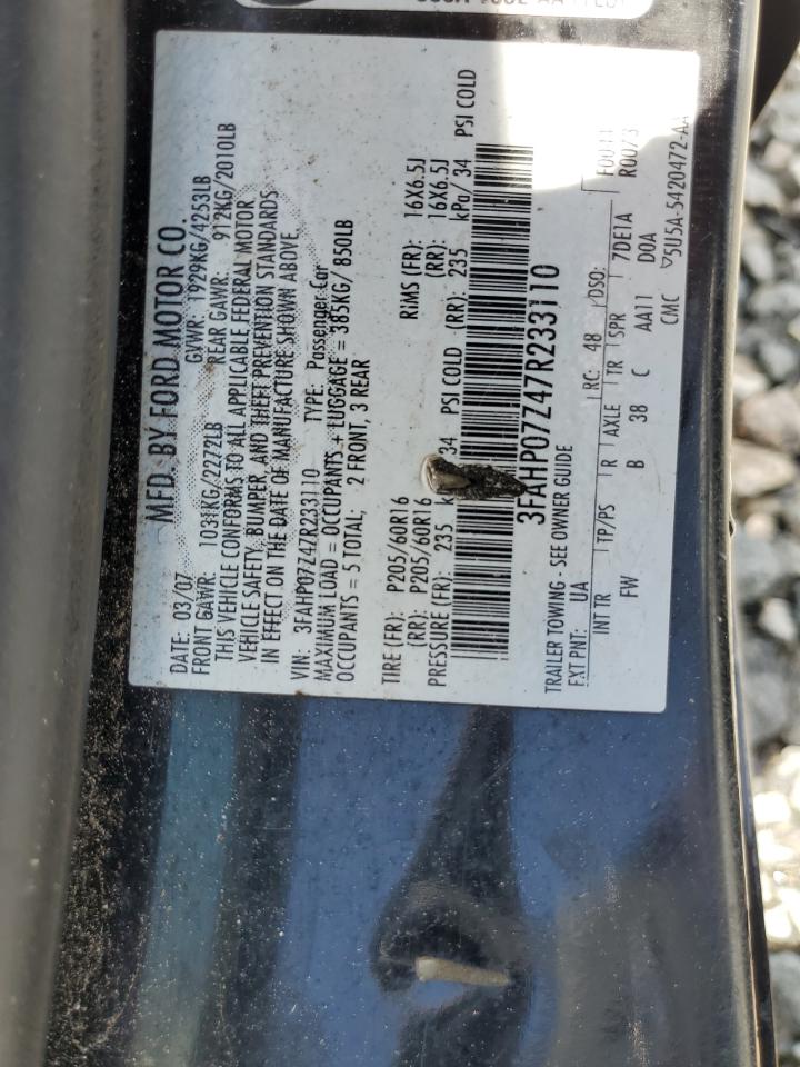 2007 Ford Fusion Se VIN: 3FAHP07Z47R233110 Lot: 64162464