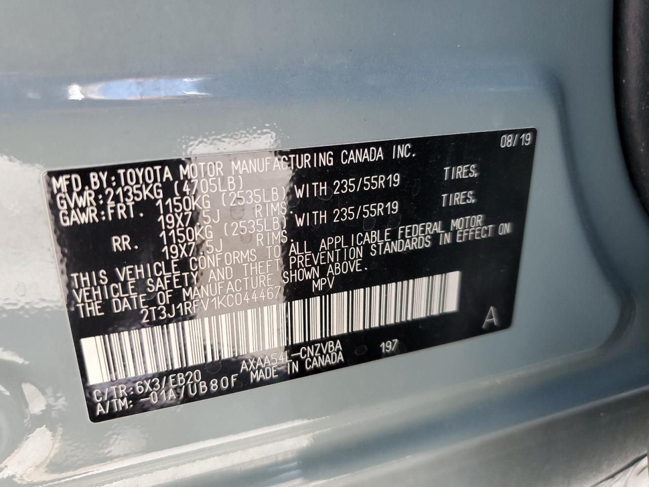 2019 Toyota Rav4 Adventure VIN: 2T3J1RFV1KC044467 Lot: 64808194