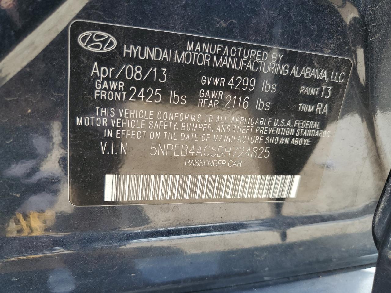 2013 Hyundai Sonata Gls VIN: 5NPEB4AC5DH724825 Lot: 64950484