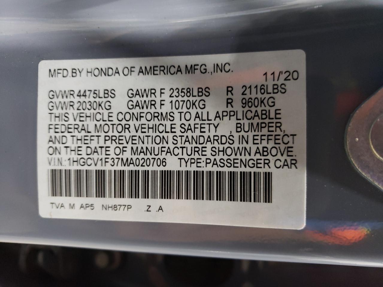 2021 Honda Accord Sport VIN: 1HGCV1F37MA020706 Lot: 63075634