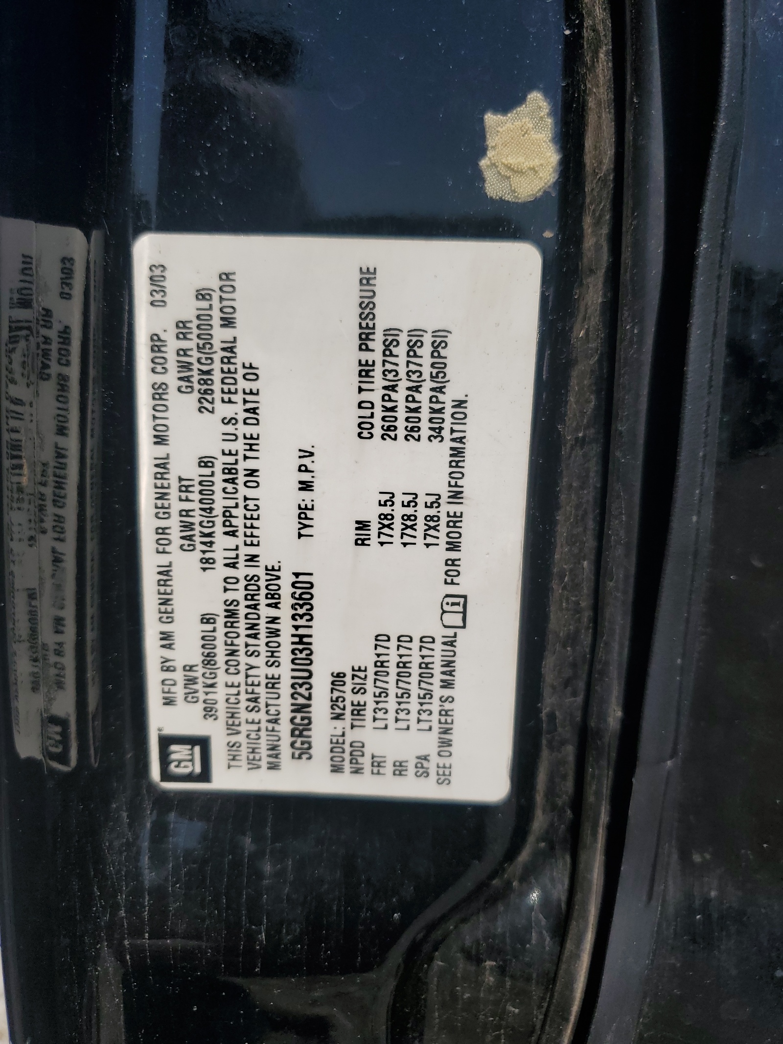 5GRGN23U03H133601 2003 Hummer H2