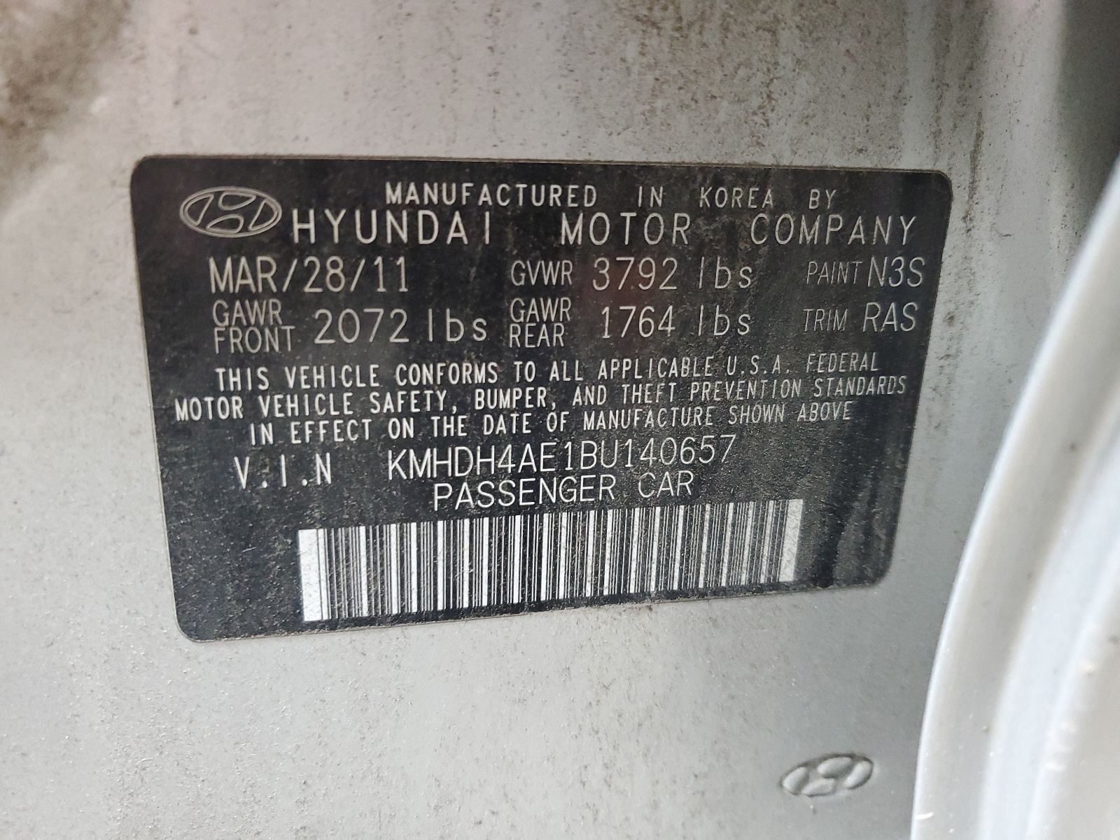 KMHDH4AE1BU140657 2011 Hyundai Elantra Gls