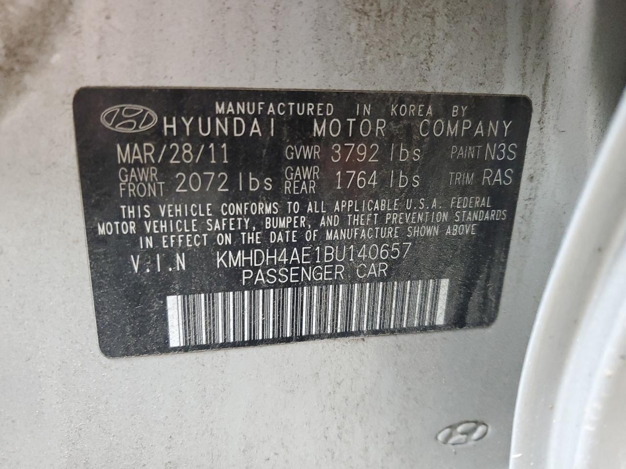 2011 Hyundai Elantra Gls VIN: KMHDH4AE1BU140657 Lot: 64870174