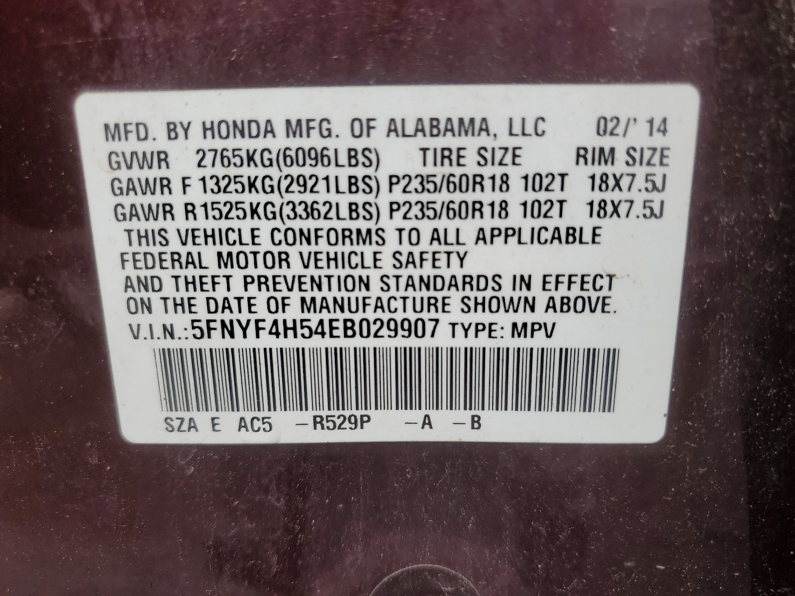 5FNYF4H54EB029907 2014 Honda Pilot Exl
