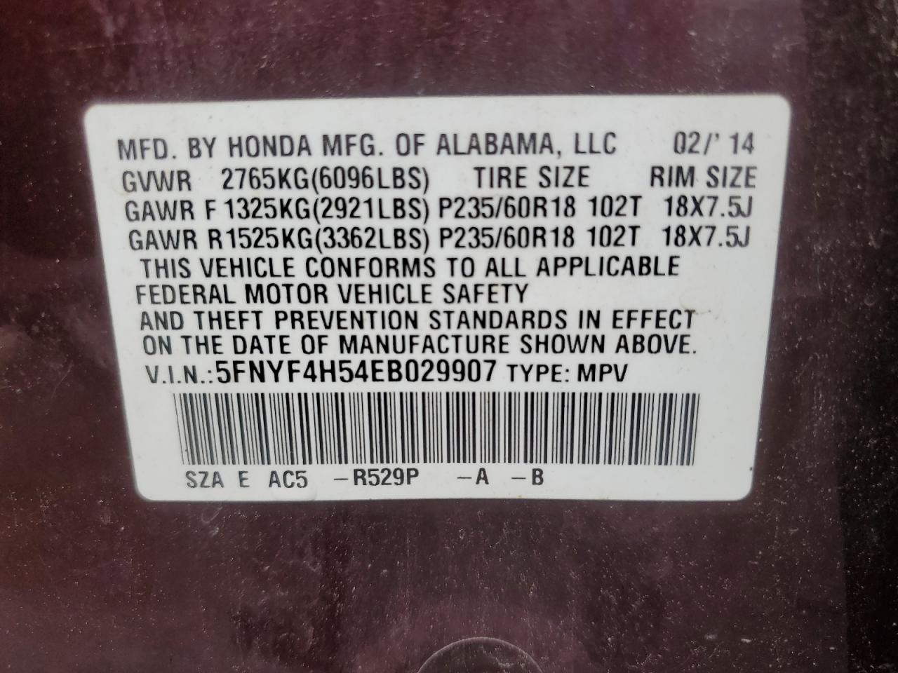 2014 Honda Pilot Exl VIN: 5FNYF4H54EB029907 Lot: 61643304
