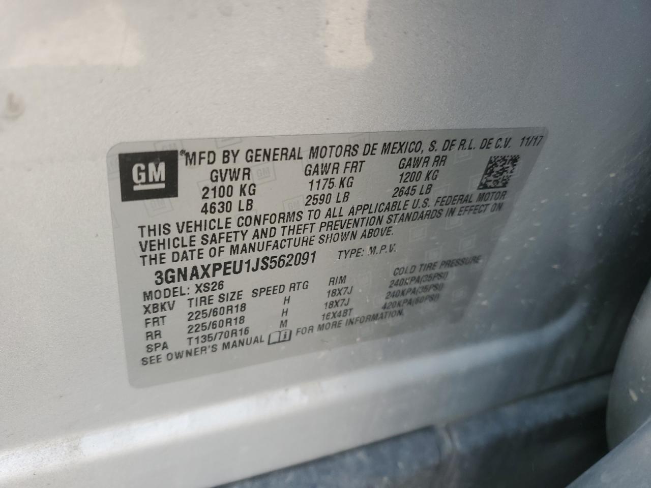 2018 Chevrolet Equinox Premier VIN: 3GNAXPEU1JS562091 Lot: 64056524