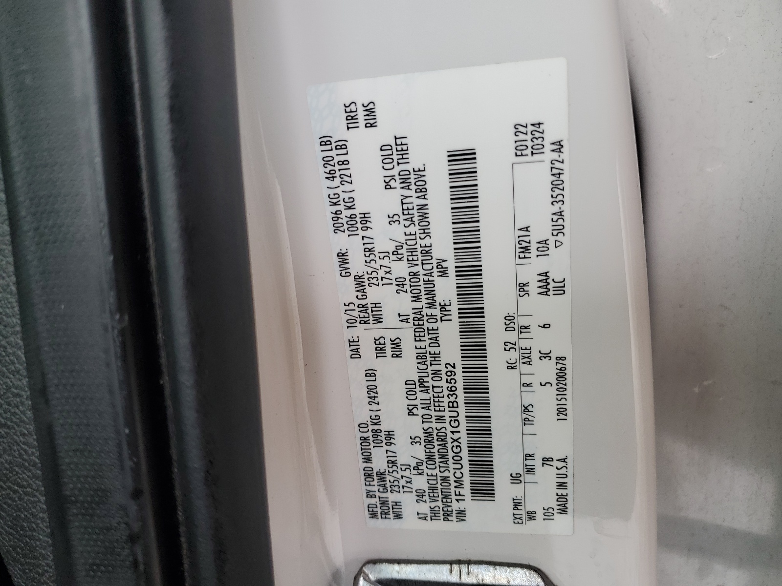 1FMCU0GX1GUB36592 2016 Ford Escape Se