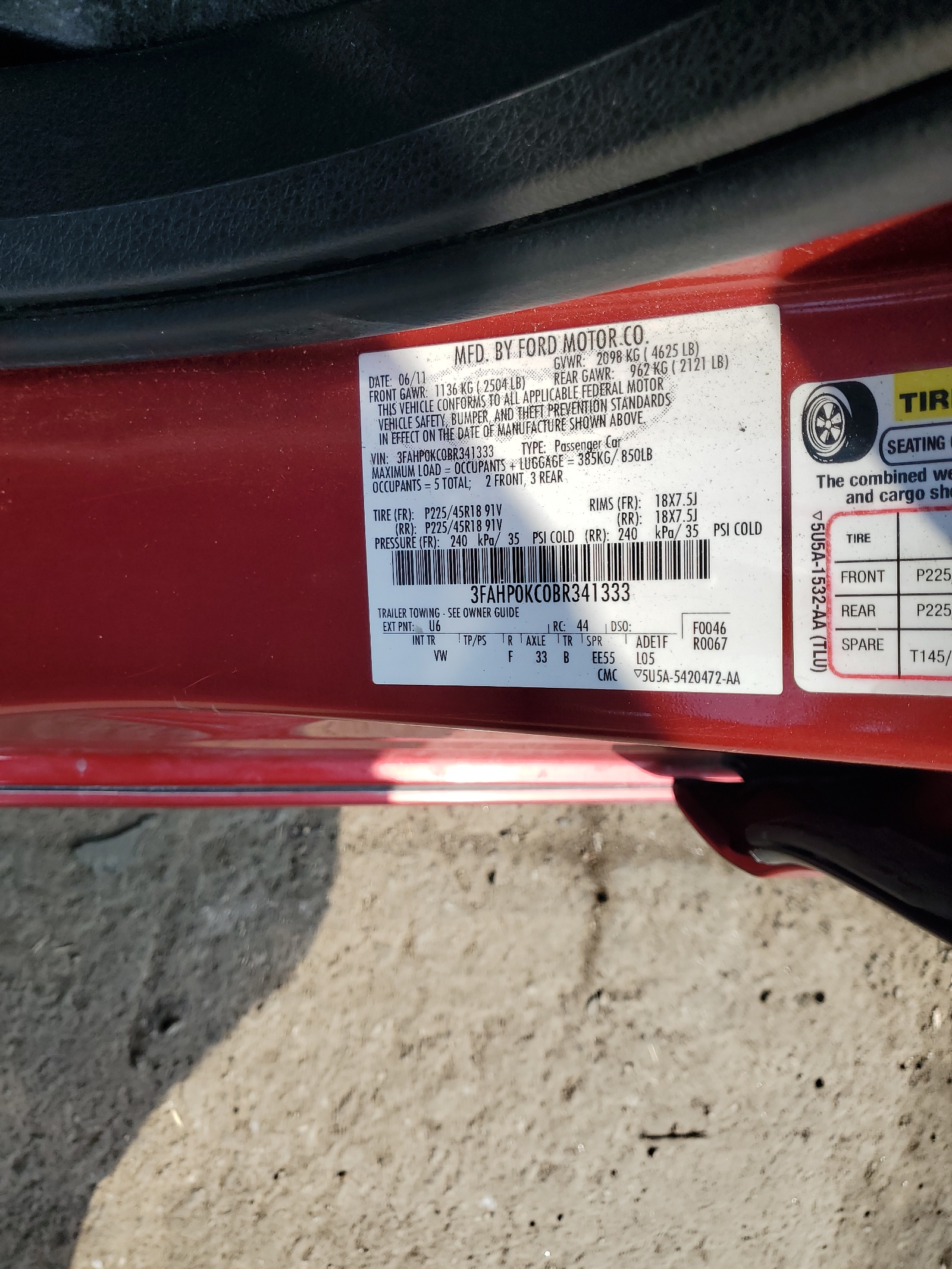 3FAHP0KC0BR341333 2011 Ford Fusion Sport