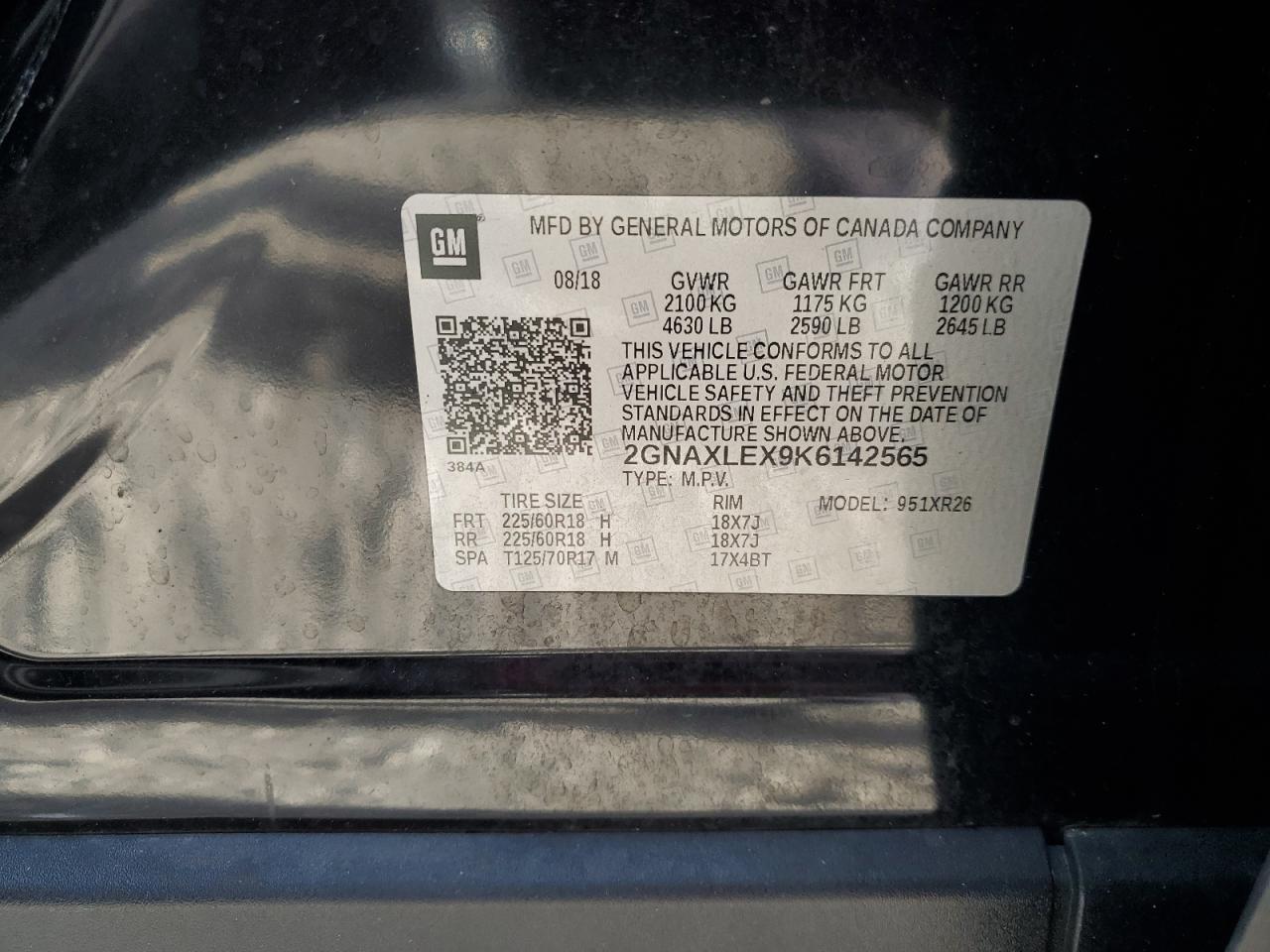 2019 Chevrolet Equinox Lt VIN: 2GNAXLEX9K6142565 Lot: 63894284