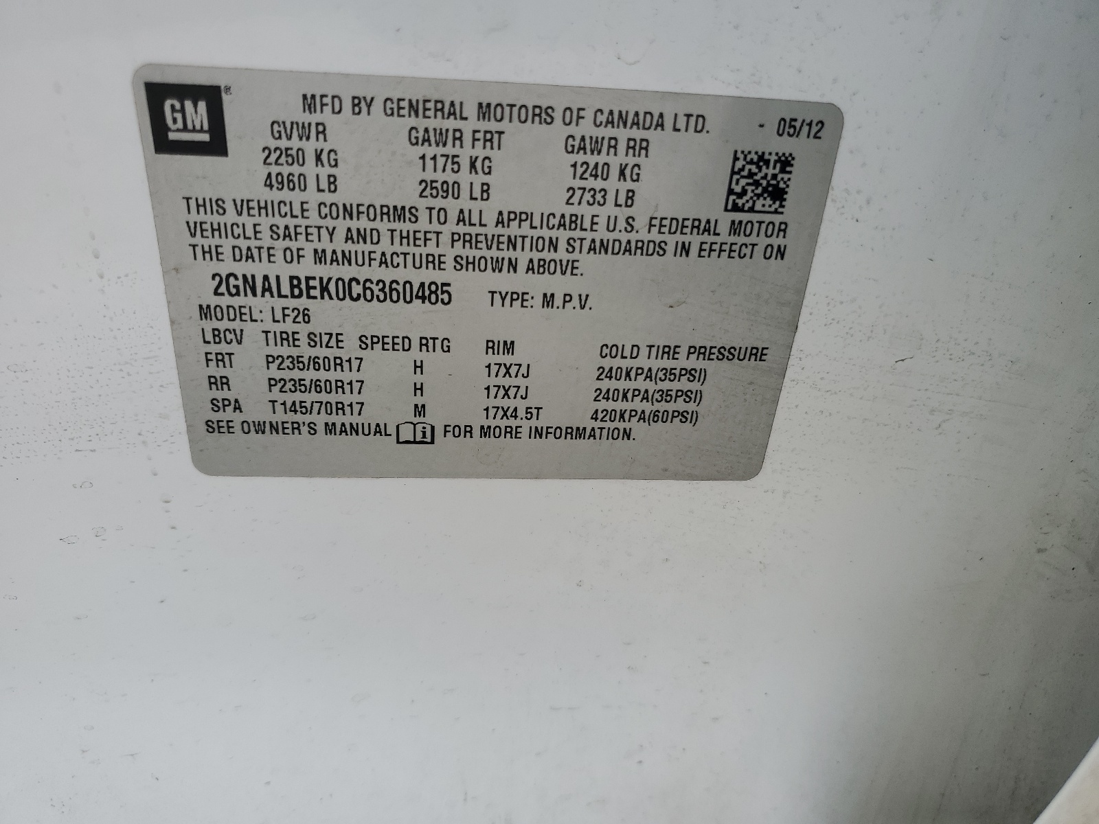 2GNALBEK0C6360485 2012 Chevrolet Equinox Ls