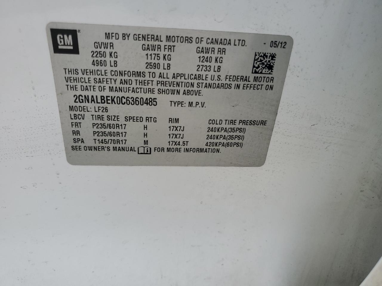 2012 Chevrolet Equinox Ls VIN: 2GNALBEK0C6360485 Lot: 62481774