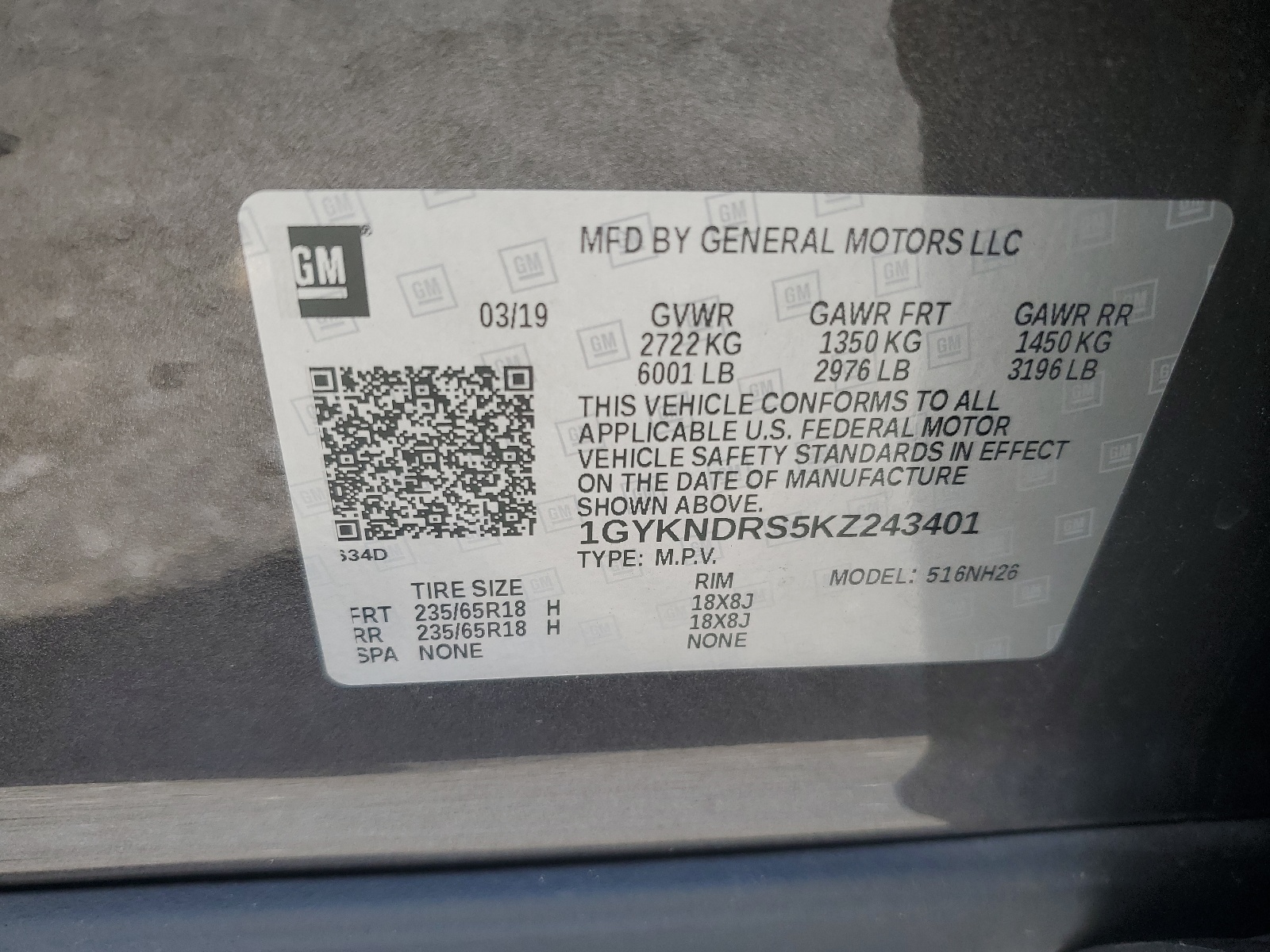 1GYKNDRS5KZ243401 2019 Cadillac Xt5 Luxury