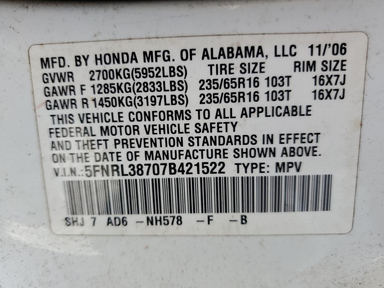 2007 Honda Odyssey Exl VIN: 5FNRL38707B421522 Lot: 63563274