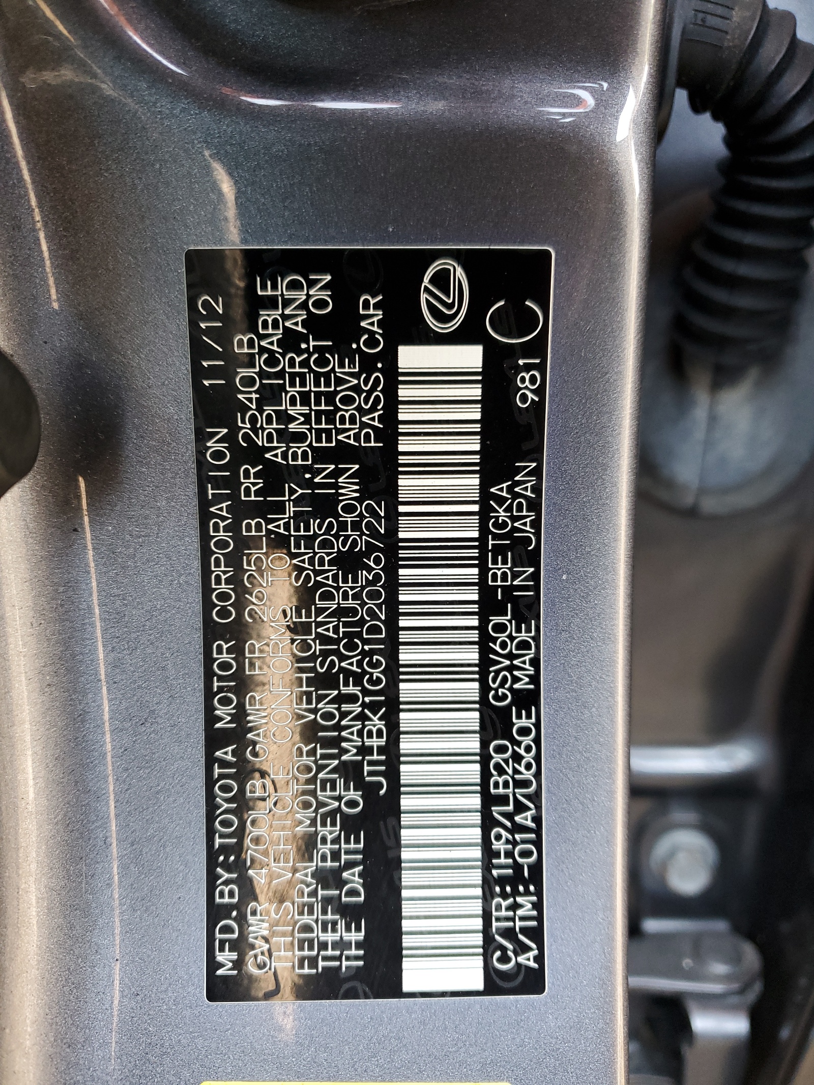 JTHBK1GG1D2036722 2013 Lexus Es 350