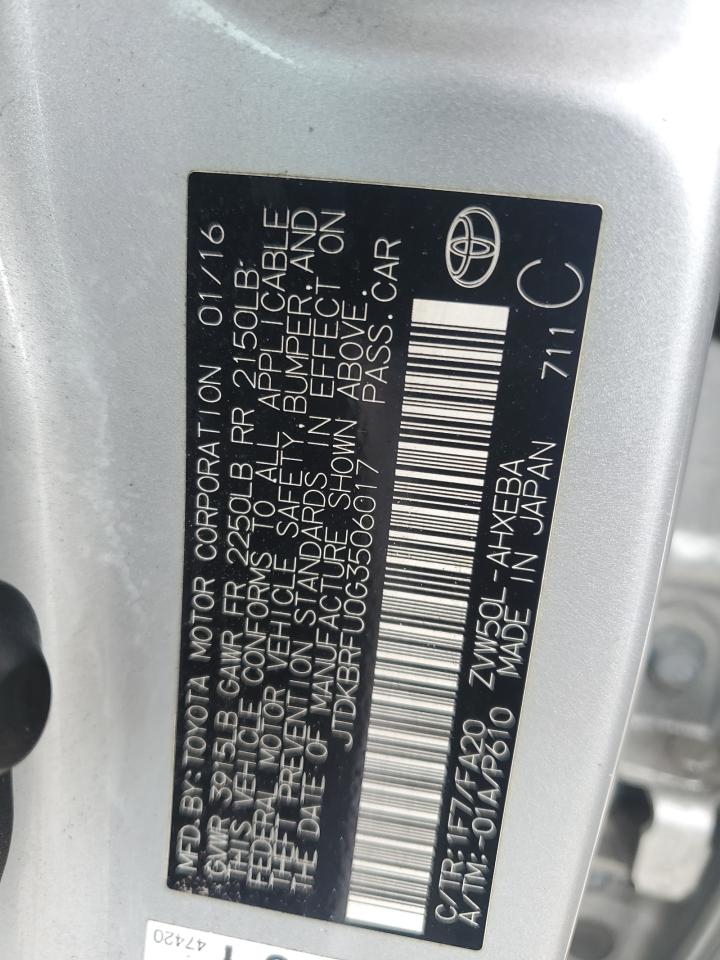 2016 Toyota Prius VIN: JTDKBRFU0G3506017 Lot: 63442684