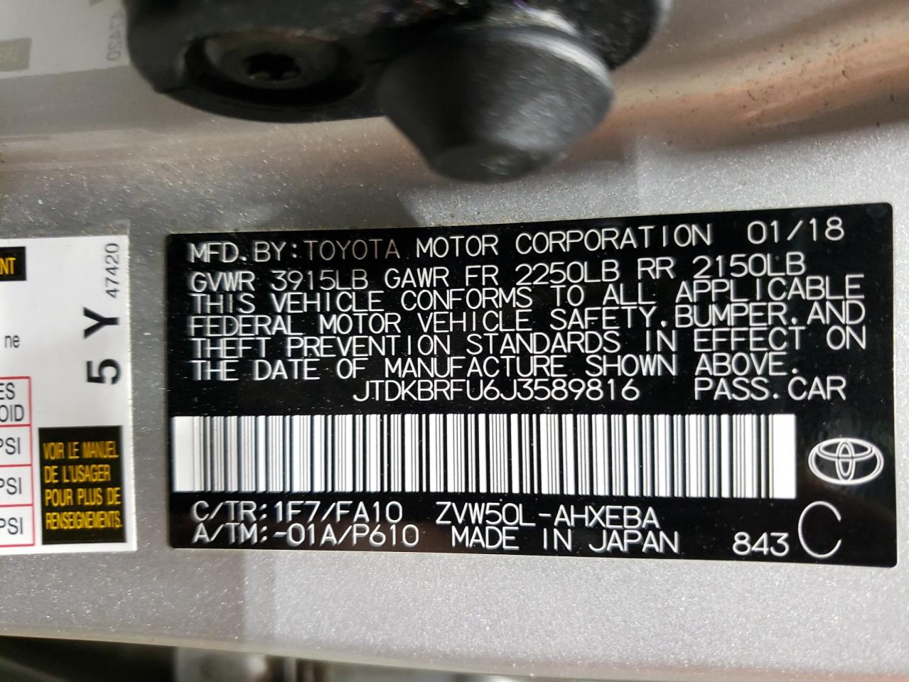 2018 Toyota Prius VIN: JTDKBRFU6J3589816 Lot: 61736704