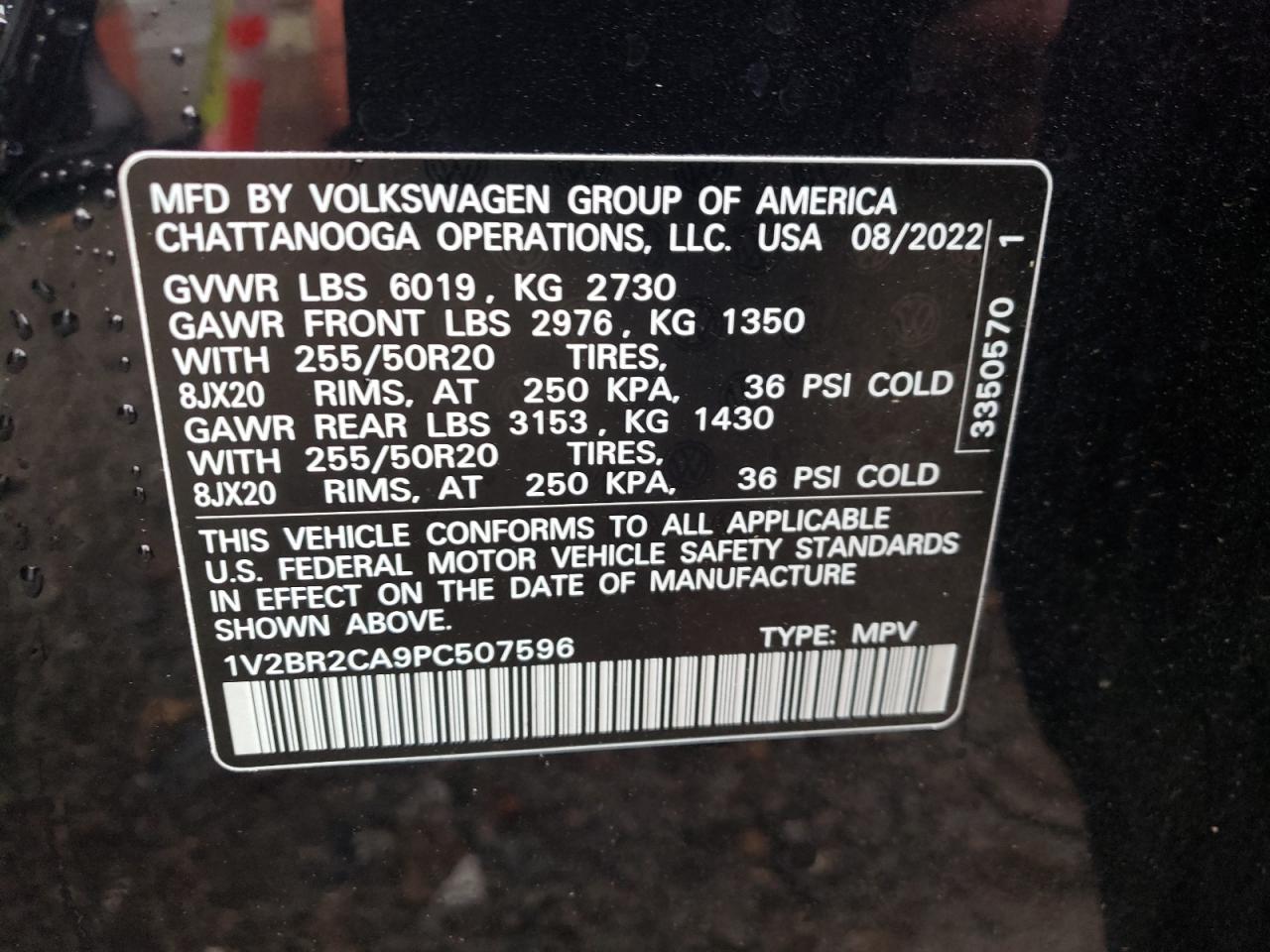 2023 Volkswagen Atlas Sel VIN: 1V2BR2CA9PC507596 Lot: 64322494