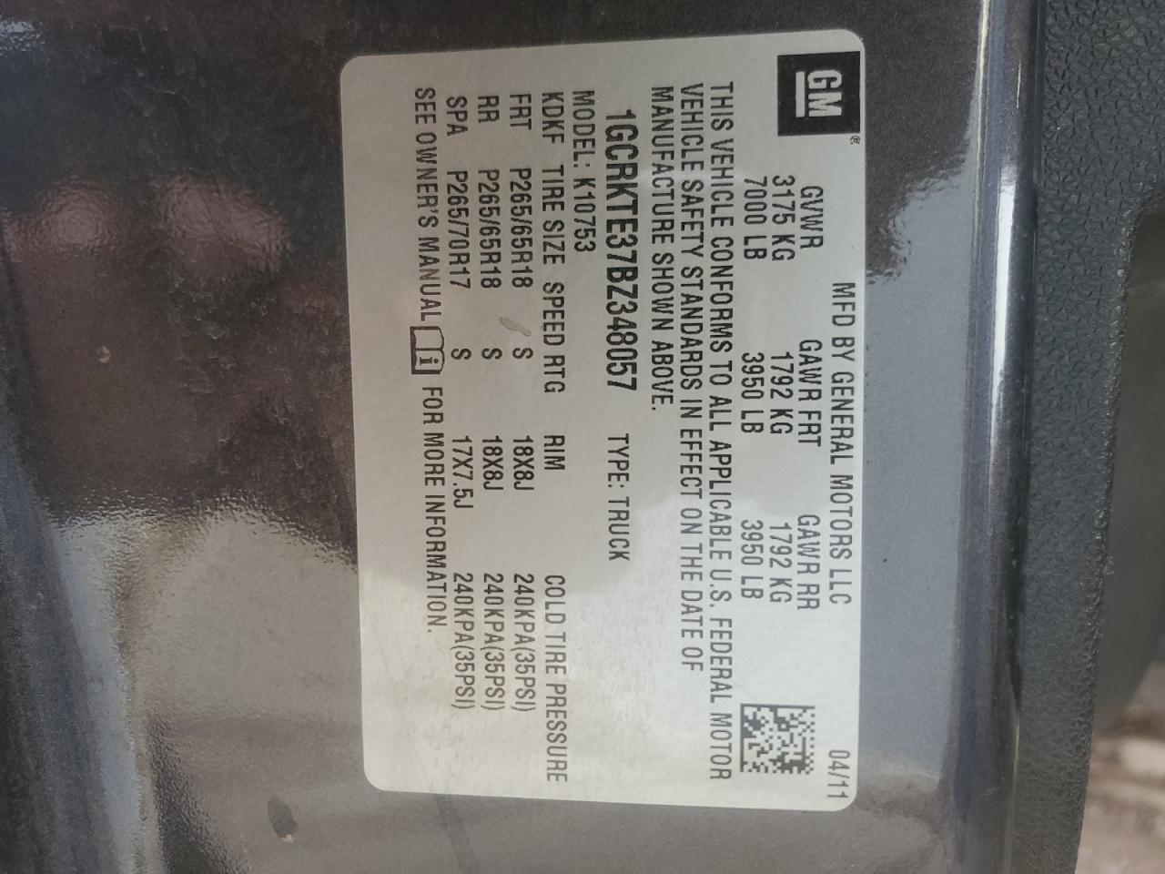 2011 Chevrolet Silverado K1500 Ltz VIN: 1GCRKTE37BZ348057 Lot: 60444864