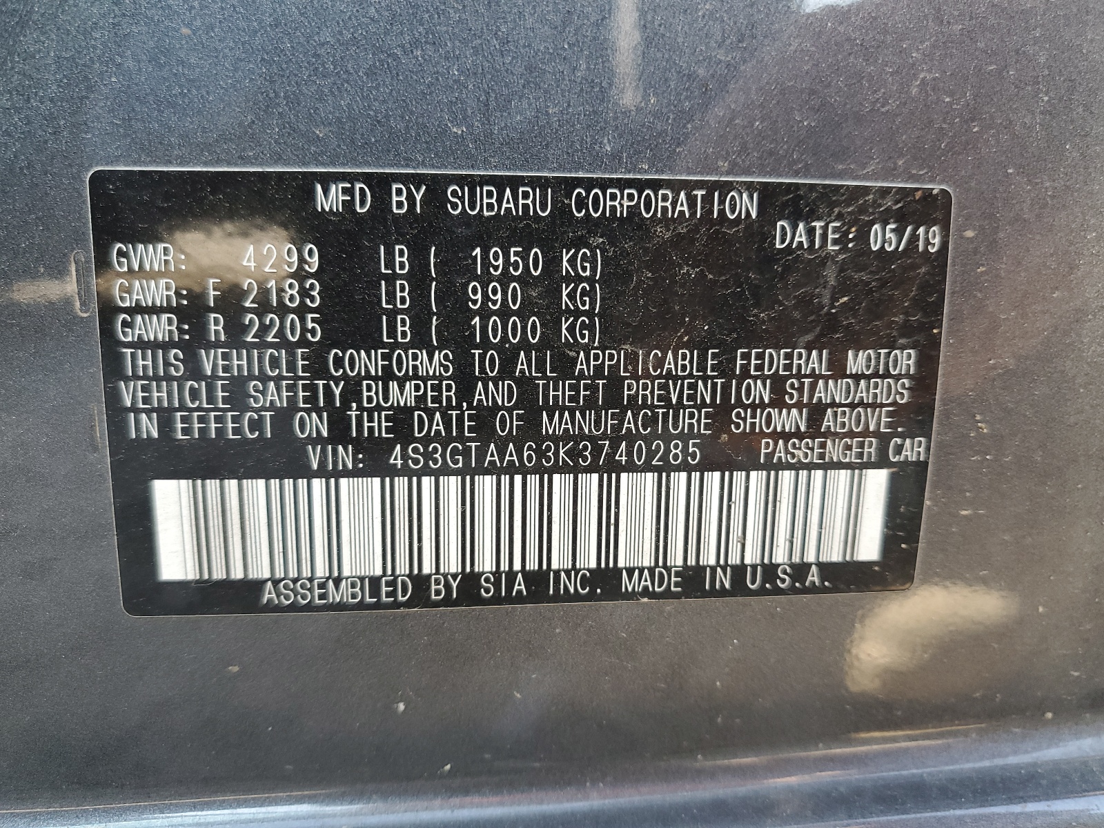 4S3GTAA63K3740285 2019 Subaru Impreza