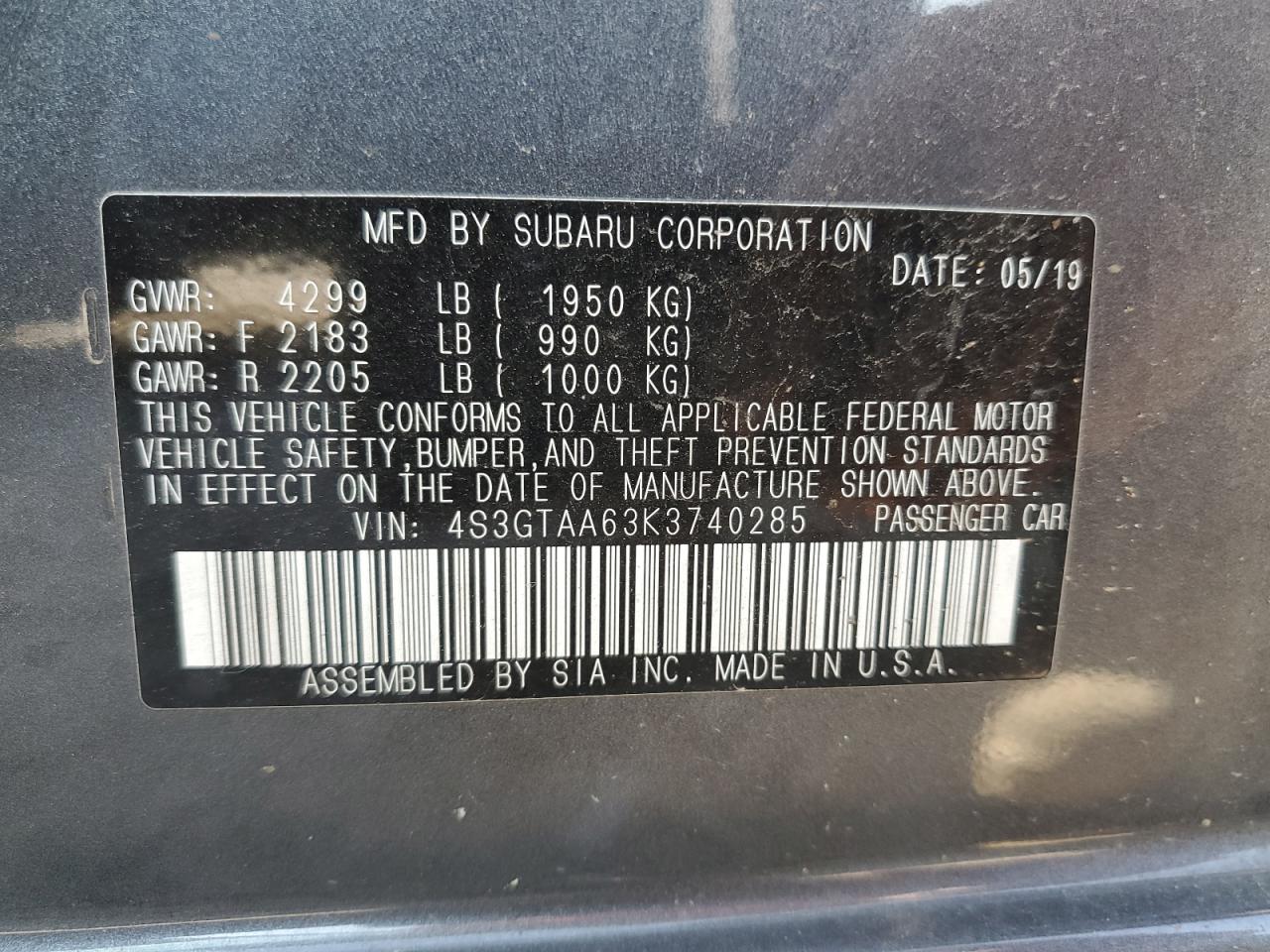 2019 Subaru Impreza VIN: 4S3GTAA63K3740285 Lot: 63831164