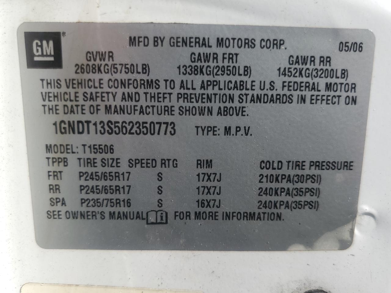 2006 Chevrolet Trailblazer Ls VIN: 1GNDT13S562350773 Lot: 64131644