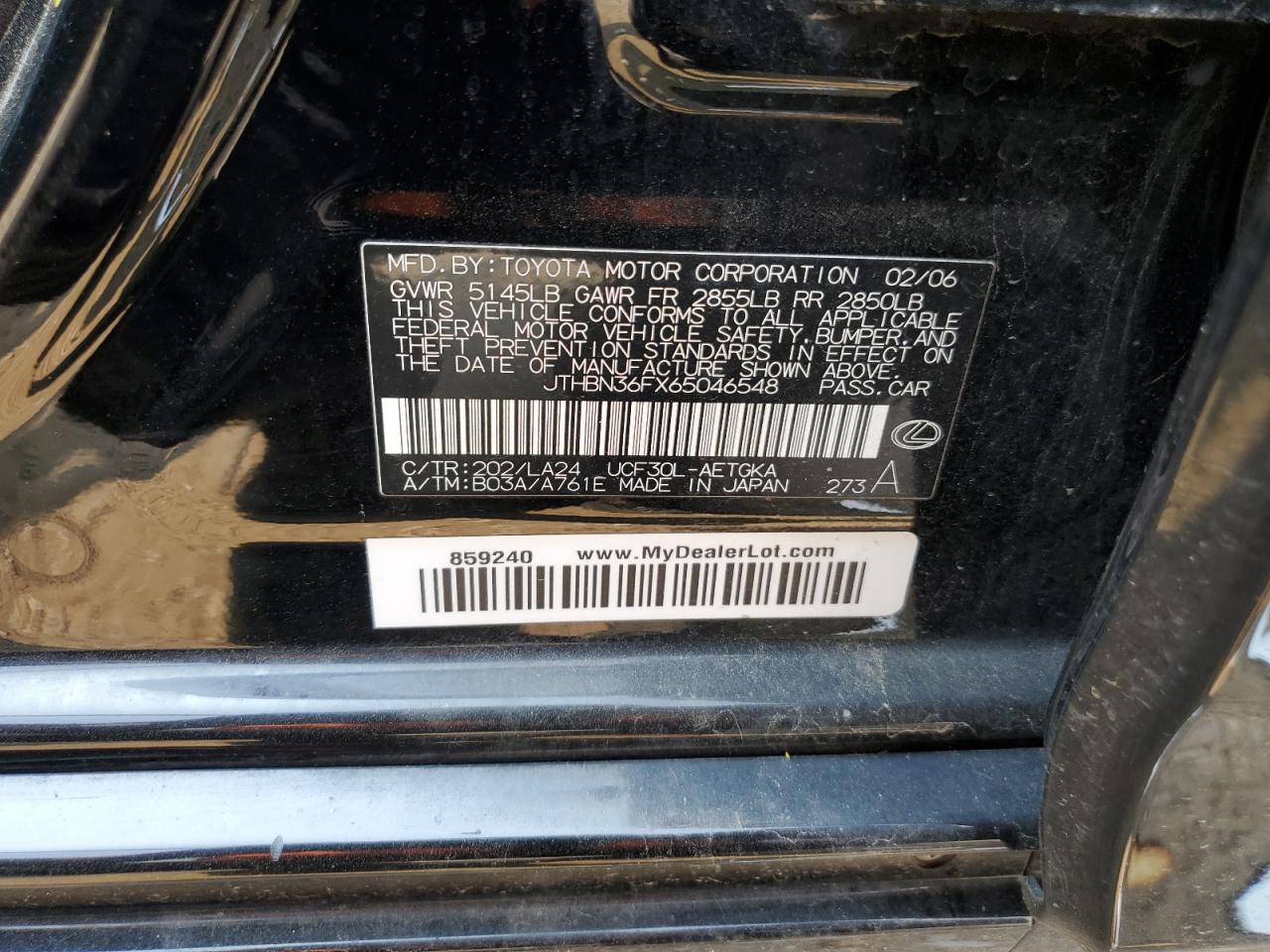 2006 Lexus Ls 430 VIN: JTHBN36FX65046548 Lot: 63503774