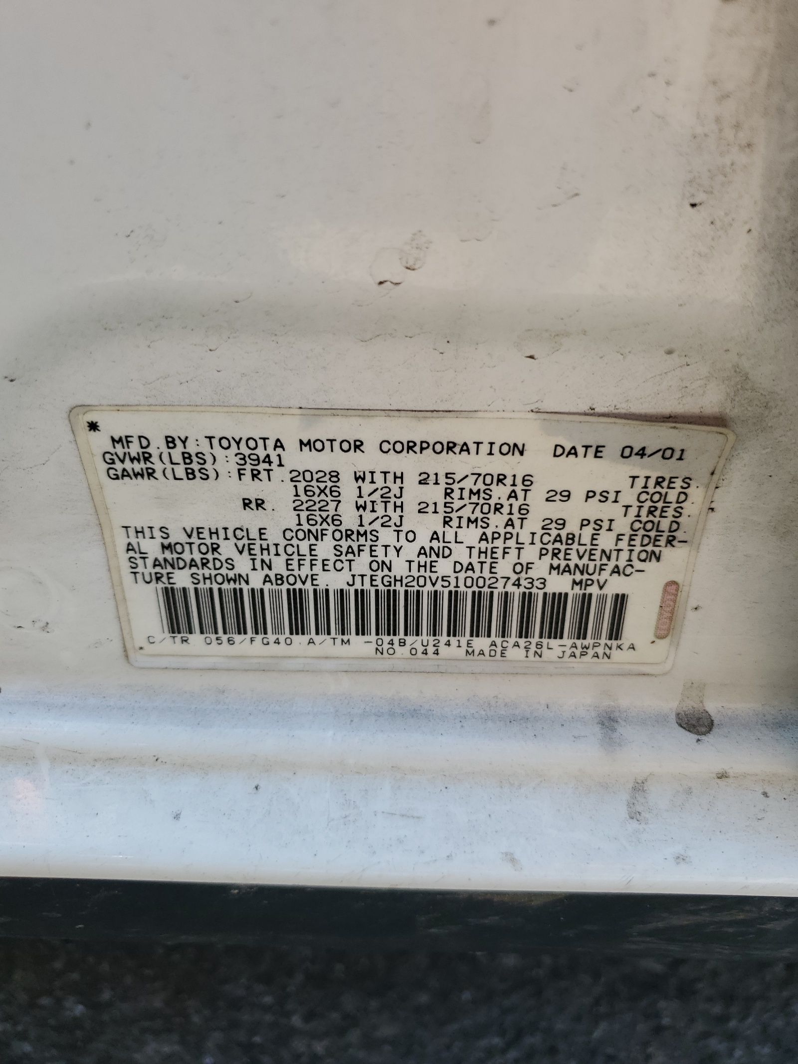 JTEGH20V510027433 2001 Toyota Rav4