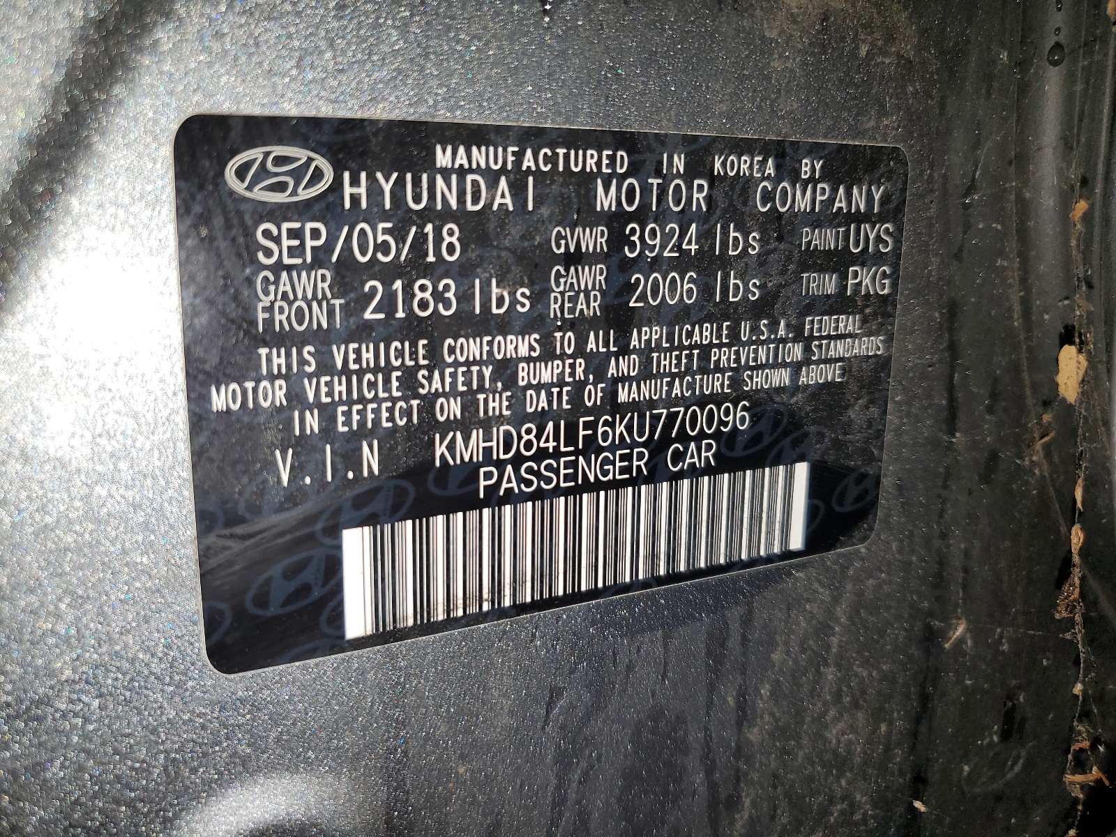 KMHD84LF6KU770096 2019 Hyundai Elantra Sel