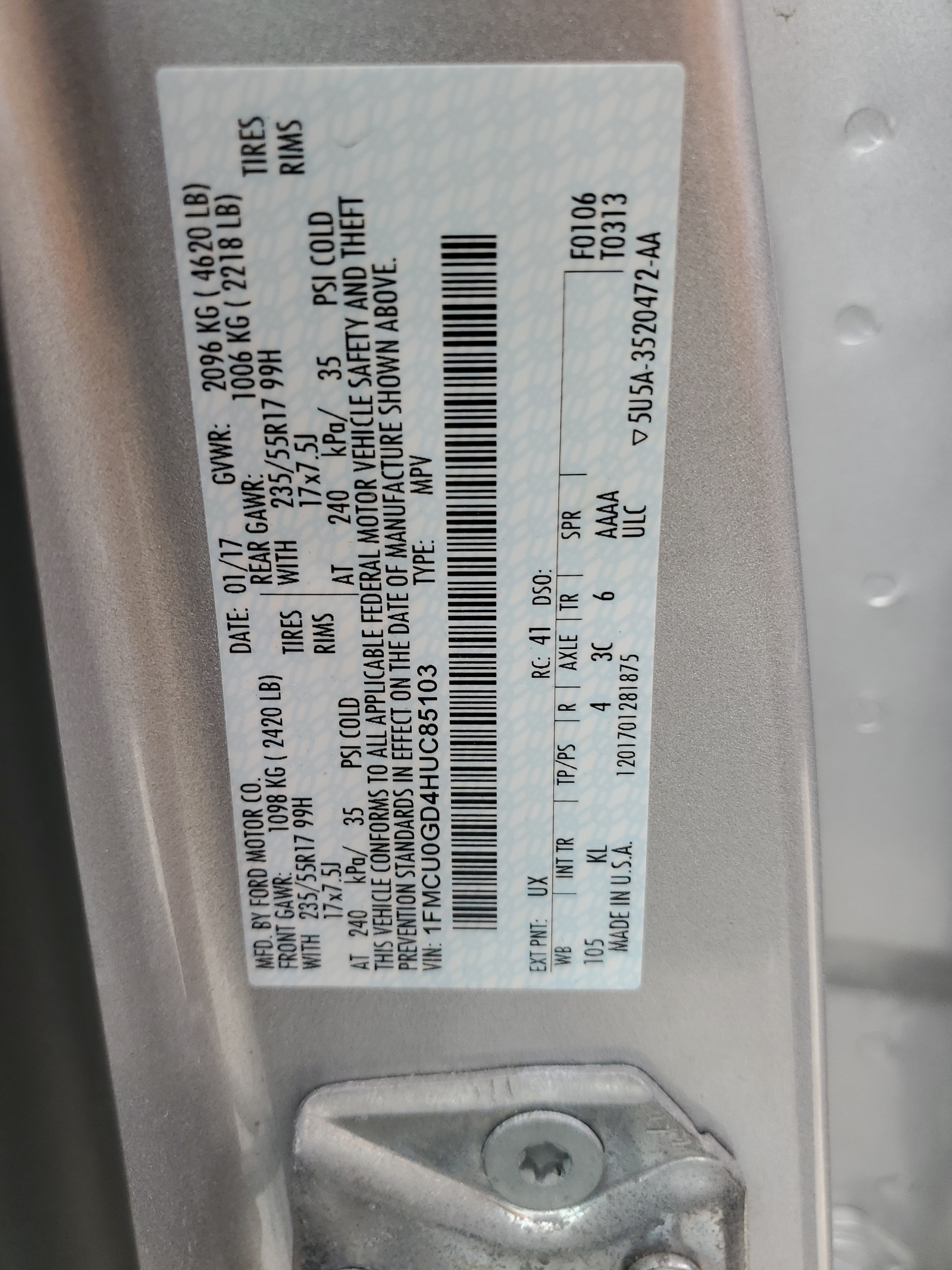 1FMCU0GD4HUC85103 2017 Ford Escape Se