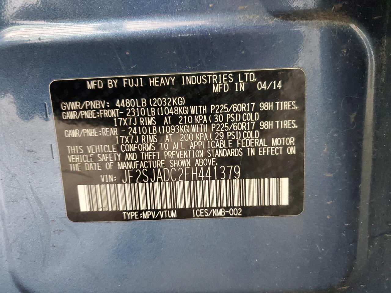 2015 Subaru Forester 2.5I Premium VIN: JF2SJADC2FH441379 Lot: 62243774