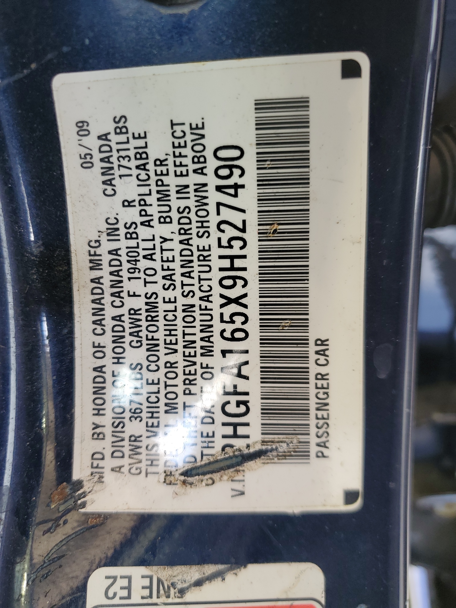 2HGFA165X9H527490 2009 Honda Civic Lx